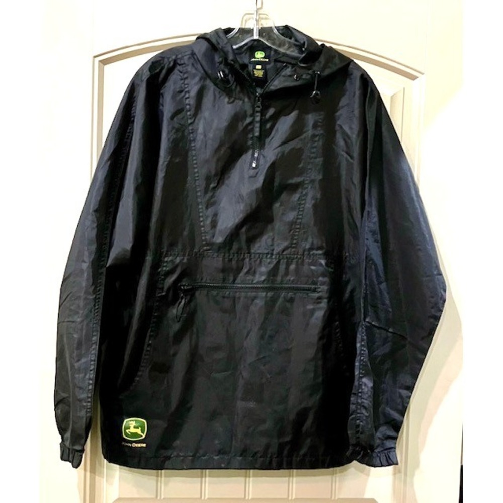 John‎ Deere Men s Windbreaker Hooded Jacket Size Large Black 1/4 Zip Pullover